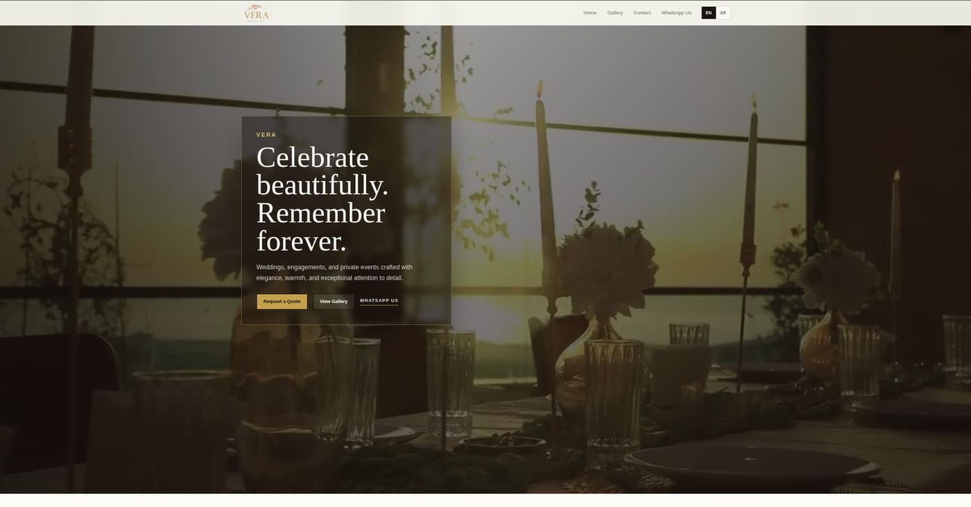 Vera luxury venue website hero experience